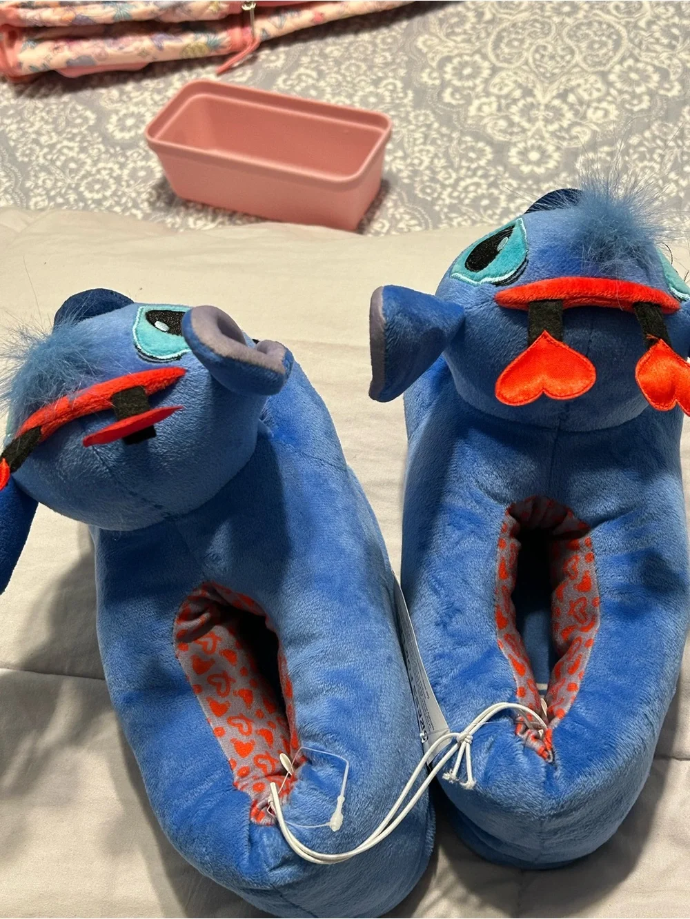 Disney Blue Stitch Plush Slippers with Red Heart Details